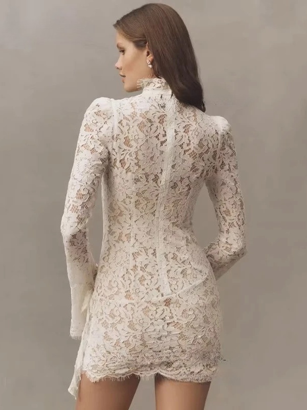 Classic Lace Appliques Mini Wedding Dresses Sexy Sheath Long Sleeves High Neck Bride Dress Anove Knee Pleat Lace Up Customized 2 Classic Lace Appliques Mini Wedding Dresses Sexy Sheath Long Sleeves High Neck Bride Dress Anove Knee Pleat Lace Up Customized – Image 2