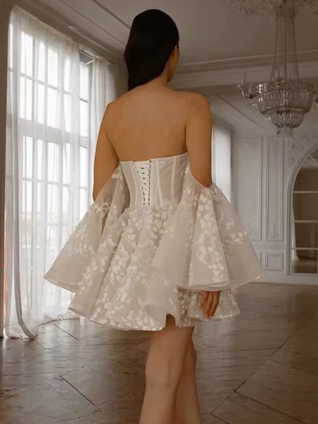 Vintage A-Line Short Wedding Dress Simple Strapless Off Shoulder Pleated Appliques Sexy Backless Lace Up Bridal Gowns Customized 2 Vintage A-Line Short Wedding Dress Simple Strapless Off Shoulder Pleated Appliques Sexy Backless Lace Up Bridal Gowns Customized – Image 2