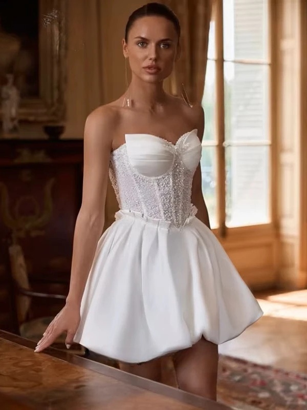 Elegant Short Ivory Sleeveless Wedding Dress Strapless Mini Bride Dress Pleat Beaded Pearls 2025 Sexy Backless Satin Customized 1 Elegant Short Ivory Sleeveless Wedding Dress Strapless Mini Bride Dress Pleat Beaded Pearls 2025 Sexy Backless Satin Customized