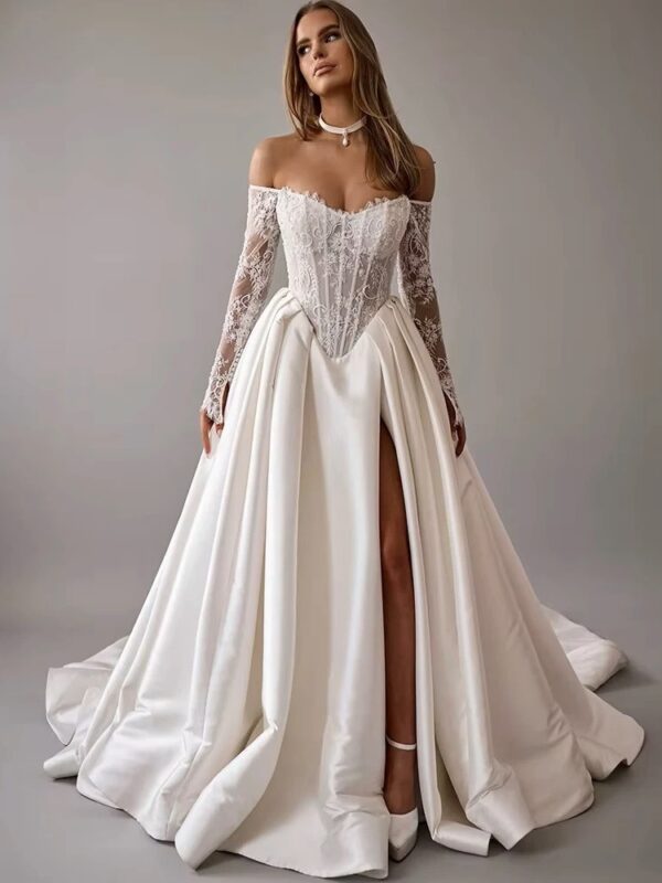 LORIE Vintage Lace Wedding Dress A-Line Off Shoulder Applique Long Sleeve Bridal Gown Princess Slit Corset Bride Gown Customized