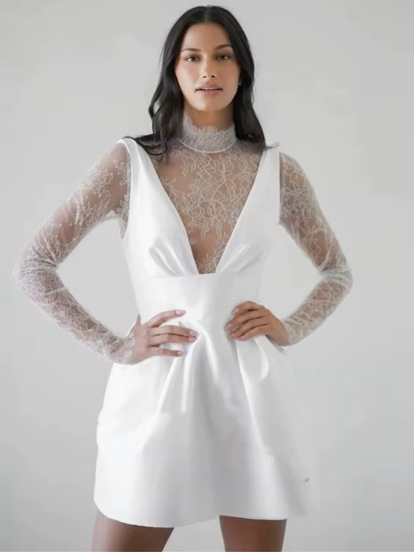 Customized Simple Mini Satin Lace Wedding Dress Pleat Long Sleeves Sexy High Neck Illusion With Button Short Wedding Gown 2025 3 Customized Simple Mini Satin Lace Wedding Dress Pleat Long Sleeves Sexy High Neck Illusion With Button Short Wedding Gown 2025 – Image 3