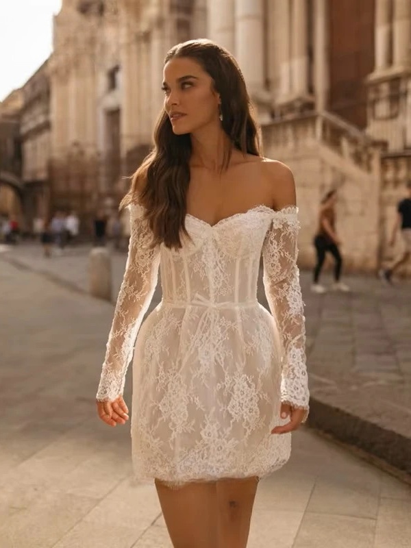 Boho Mermaid Mini Long Sleeves Wedding Dress Lace Appliques Sexy Strapless Pleated Open Back with Zipper Bridal Grown Customized 3 Boho Mermaid Mini Long Sleeves Wedding Dress Lace Appliques Sexy Strapless Pleated Open Back with Zipper Bridal Grown Customized – Image 3