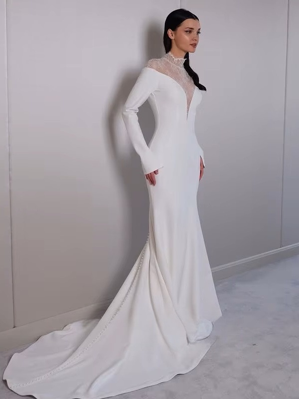 SoDigne Mermaid Lace/Satin Bride Dresses High Neck Full Sleeves Wedding Dress Long Bridal Gowns vestidos de novia Customized 2 SoDigne Mermaid Lace/Satin Bride Dresses High Neck Full Sleeves Wedding Dress Long Bridal Gowns vestidos de novia Customized – Image 2