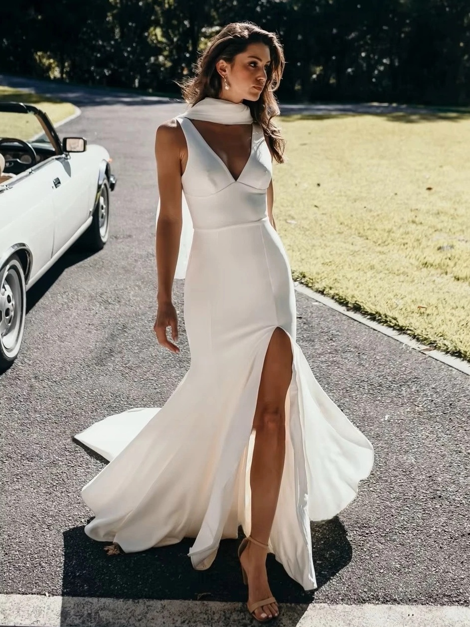SoDigne Satin Simple Mermaid Wedding Dresses V-neck Sleeveless Elegant Bridal Dress Split Long Bride Gown vestidos de novia 1 SoDigne Satin Simple Mermaid Wedding Dresses V-neck Sleeveless Elegant Bridal Dress Split Long Bride Gown vestidos de novia