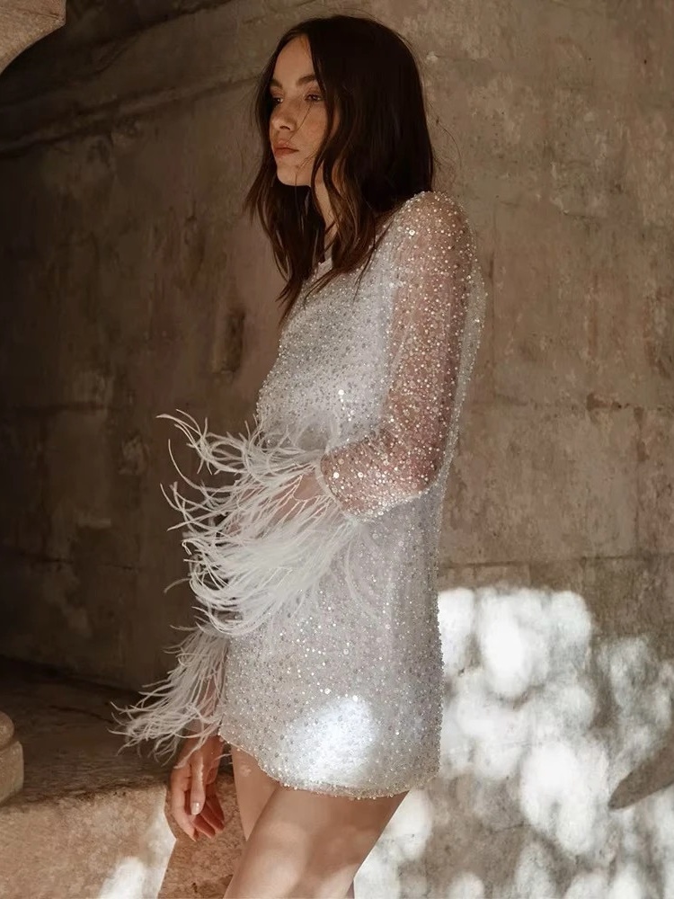 Luxury Glitter Sheath Short Wedding Dress For women Long Sleeves with Fur O-neck Bridal Gowns Shiny Sequin Vestido de Novia 2024 2 Luxury Glitter Sheath Short Wedding Dress For women Long Sleeves with Fur O-neck Bridal Gowns Shiny Sequin Vestido de Novia 2024 – Image 2