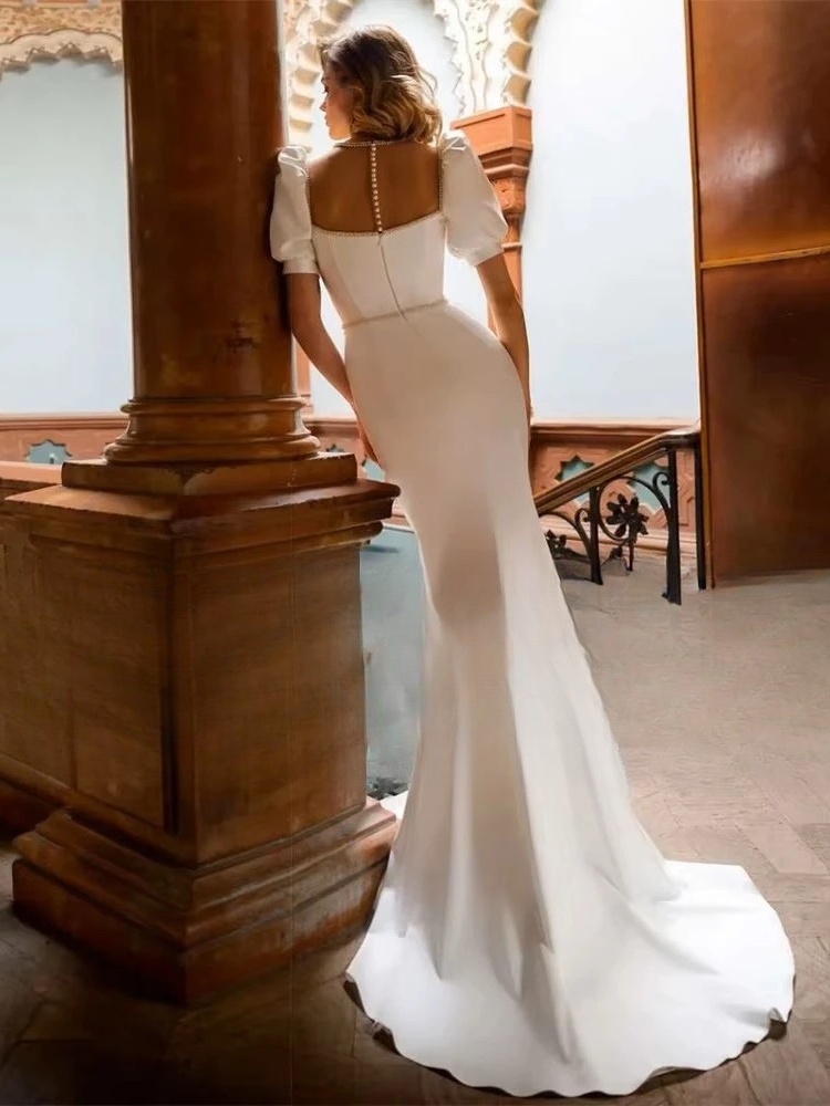 Classic Mermaid Wedding Dress Women Short Puff Sleeve Square Collar Illusion Back Bridal Gown Train Vestidos De Noiva Customized 2 Classic Mermaid Wedding Dress Women Short Puff Sleeve Square Collar Illusion Back Bridal Gown Train Vestidos De Noiva Customized – Image 2