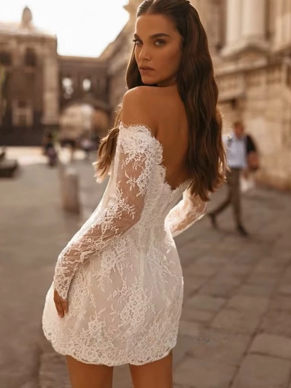 Boho Mermaid Mini Long Sleeves Wedding Dress Lace Appliques Sexy Strapless Pleated Open Back with Zipper Bridal Grown Customized 2 Boho Mermaid Mini Long Sleeves Wedding Dress Lace Appliques Sexy Strapless Pleated Open Back with Zipper Bridal Grown Customized – Image 2
