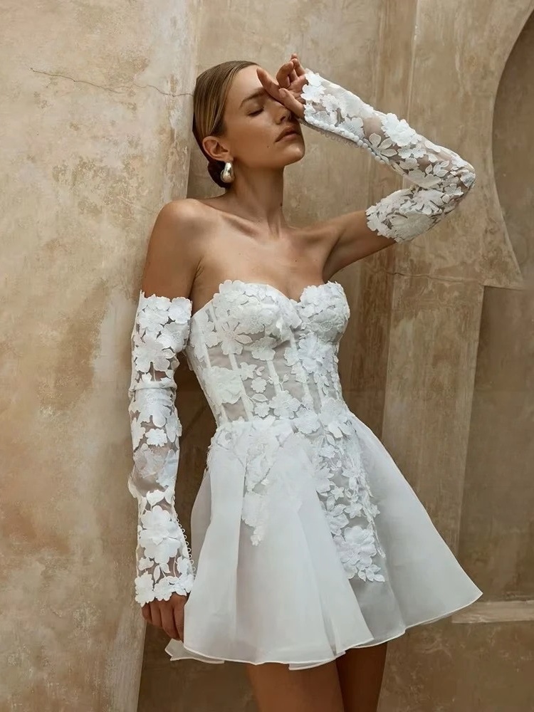 Civil Short Boho Wedding Dresses Appliques Half Sleeve sweetheart Mini Wedding Gowns For Bride Floral Print Robe 2025 Customized 2 Civil Short Boho Wedding Dresses Appliques Half Sleeve sweetheart Mini Wedding Gowns For Bride Floral Print Robe 2025 Customized – Image 2