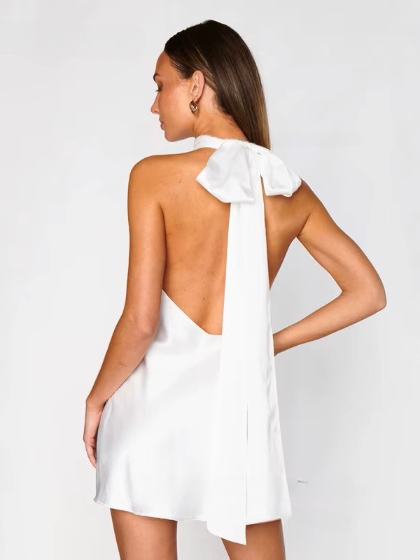Simple Satin White Sheath Mini Wedding Dress 2025 Sexy Sleeveless High Neck Pleat Bow Elegant Backless Short Gowns Customized 2 Simple Satin White Sheath Mini Wedding Dress 2025 Sexy Sleeveless High Neck Pleat Bow Elegant Backless Short Gowns Customized – Image 2