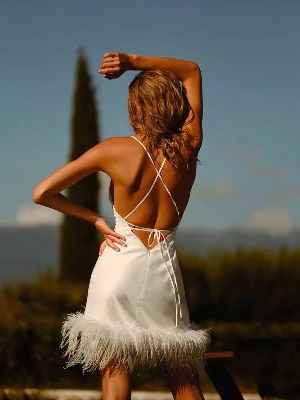 Vintage 2-Piece Lace Wedding Dress Simple Long Lantern Sleeves Mini Bride Dress Sexy V-Neck Backless Pleated Feathers Customized 2 Vintage 2-Piece Lace Wedding Dress Simple Long Lantern Sleeves Mini Bride Dress Sexy V-Neck Backless Pleated Feathers Customized – Image 2