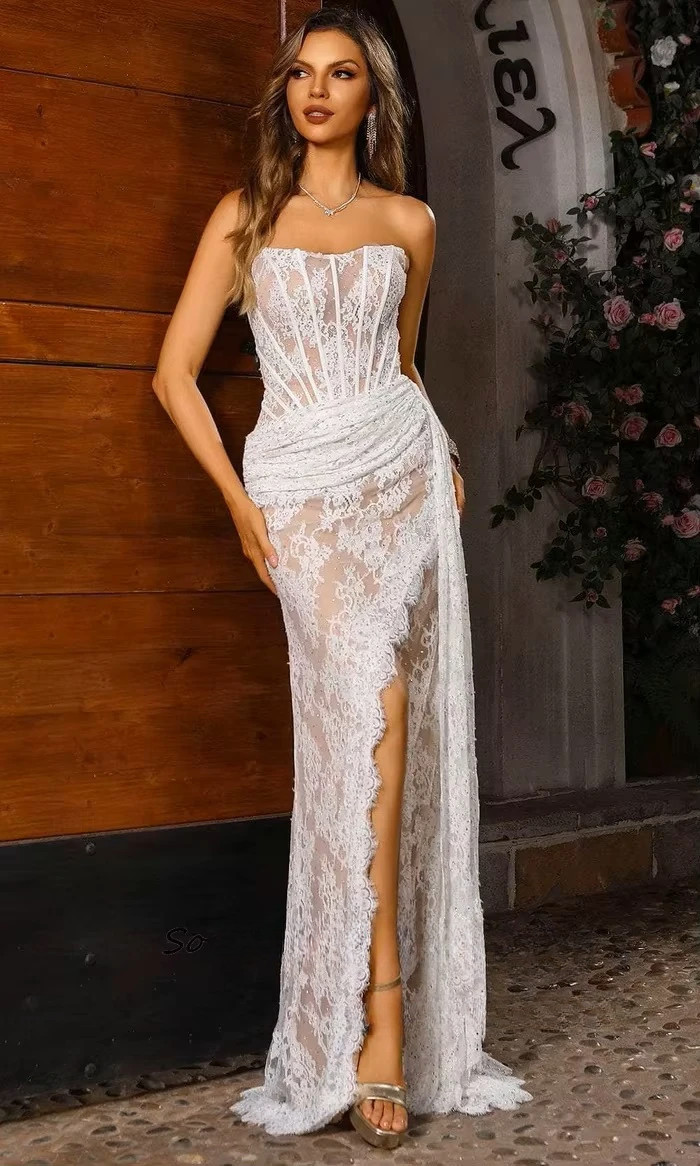 SoDigne Mermaid Long Lace Wedding Dresses Sleeveless Strapless Split Bride Dress Wedding Gown vestidos de novia Customized 1 SoDigne Mermaid Long Lace Wedding Dresses Sleeveless Strapless Split Bride Dress Wedding Gown vestidos de novia Customized