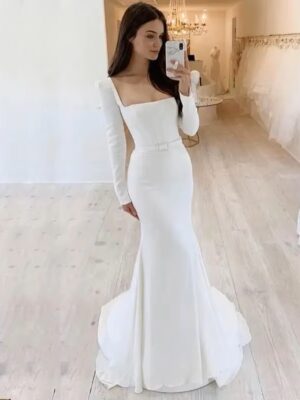 SoDigne Elegant Wedding Dress Mermaid Square Neckline Long Sleeves Backless Satin Bridal Dress Brides Gowns For Women