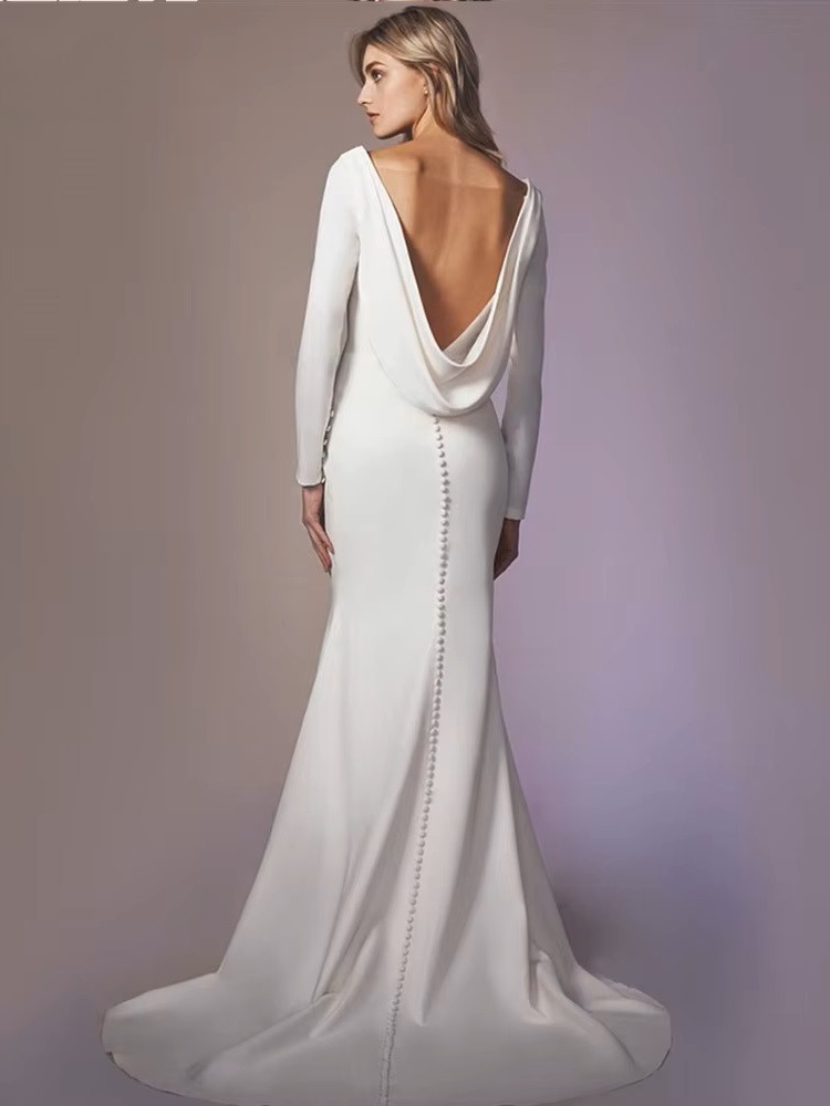 Long Sleeves Mermaid Back Cowl Wedding Dresses O-neck Beach Backless Bridal Party Gown Vestido De Novia Sweep Train Customized 2 Long Sleeves Mermaid Back Cowl Wedding Dresses O-neck Beach Backless Bridal Party Gown Vestido De Novia Sweep Train Customized – Image 2