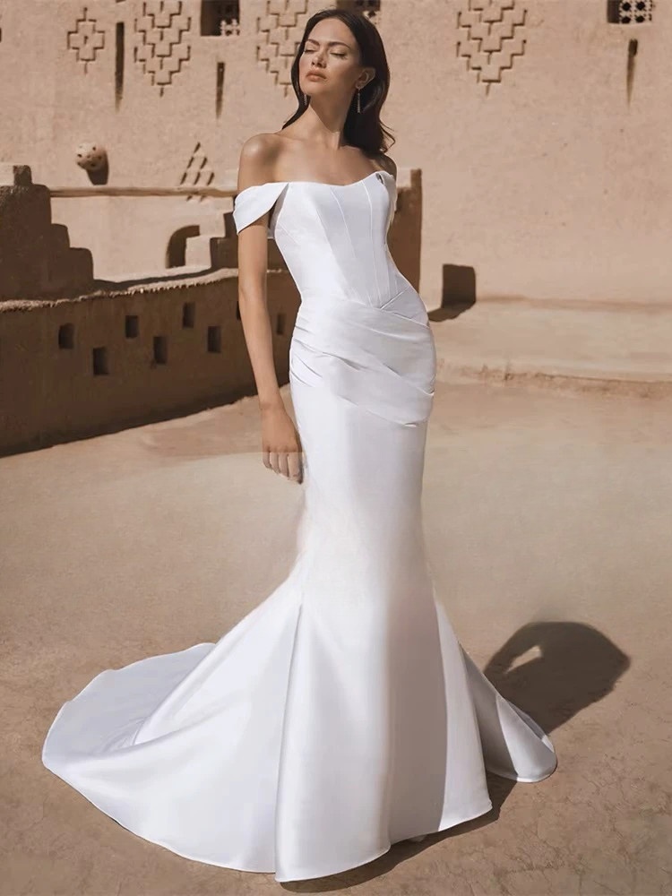 BIGDAY Satin Mermaid Wedding Dress Women 2025 Off The Shoulder Open Back Pleat Boat-Neck Bridal Gown Vestido De Noiva Customized 3 BIGDAY Satin Mermaid Wedding Dress Women 2025 Off The Shoulder Open Back Pleat Boat-Neck Bridal Gown Vestido De Noiva Customized – Image 3