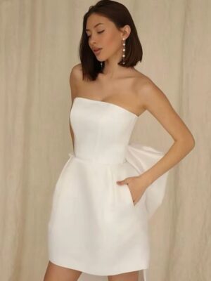 Simple Mini Short A-Line  Wedding Dress Satin Sleeveless Strapless Bridal Sexy Backless With Bow  Lace Up Gown 2025 Customized