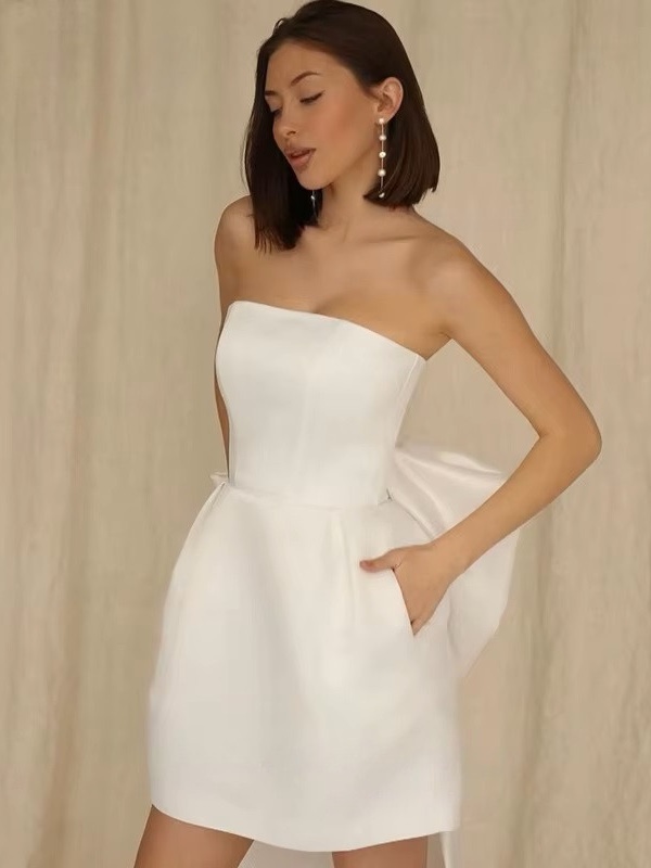 Simple Mini Short A-Line Wedding Dress Satin Sleeveless Strapless Bridal Sexy Backless With Bow Lace Up Gown 2025 Customized 1 Simple Mini Short A-Line  Wedding Dress Satin Sleeveless Strapless Bridal Sexy Backless With Bow  Lace Up Gown 2025 Customized