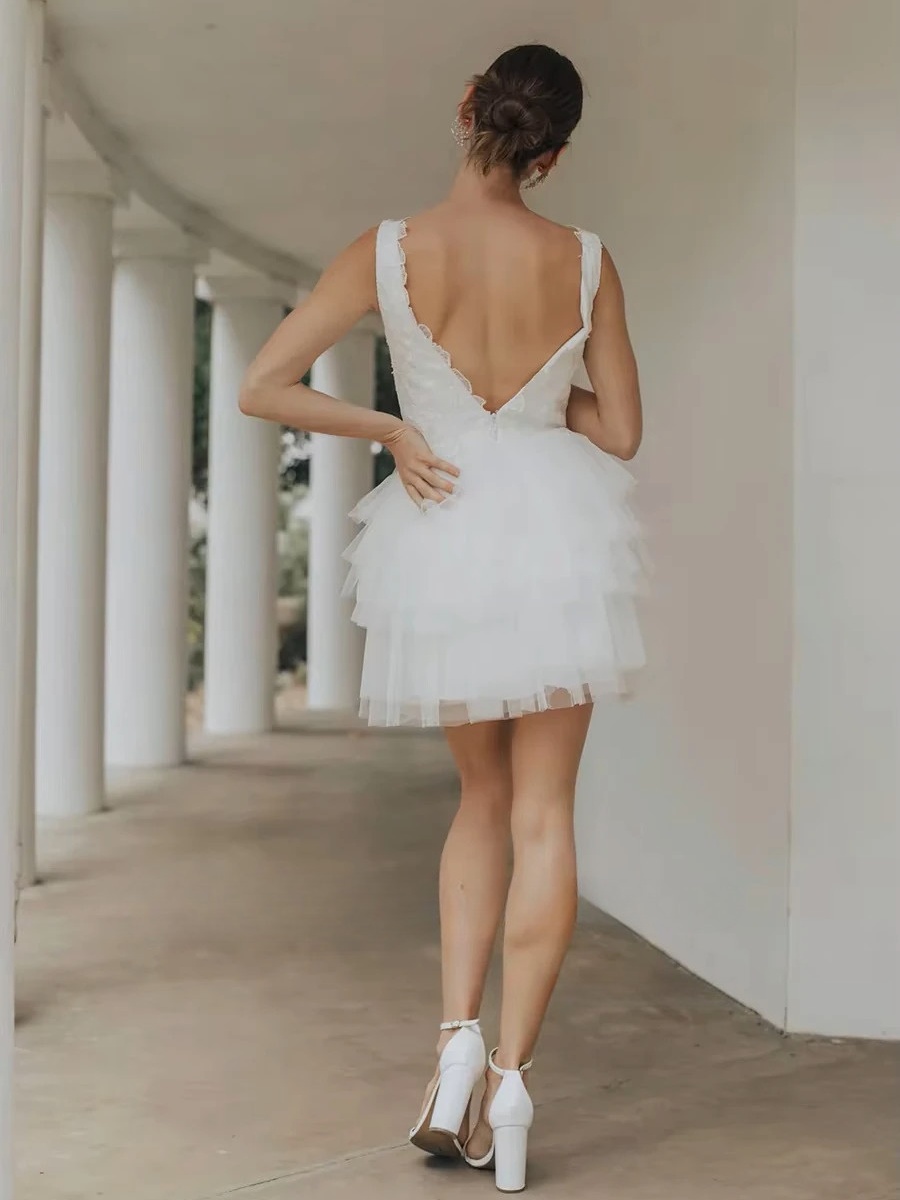 SoDigne Short Tulle Wedding Dresses V-neck Sleeveless Appliques Tiered Bridal Dress 2025 Mini A-line Customized Bride Gown 2 SoDigne Short Tulle Wedding Dresses V-neck Sleeveless Appliques Tiered Bridal Dress 2025 Mini A-line Customized Bride Gown – Image 2