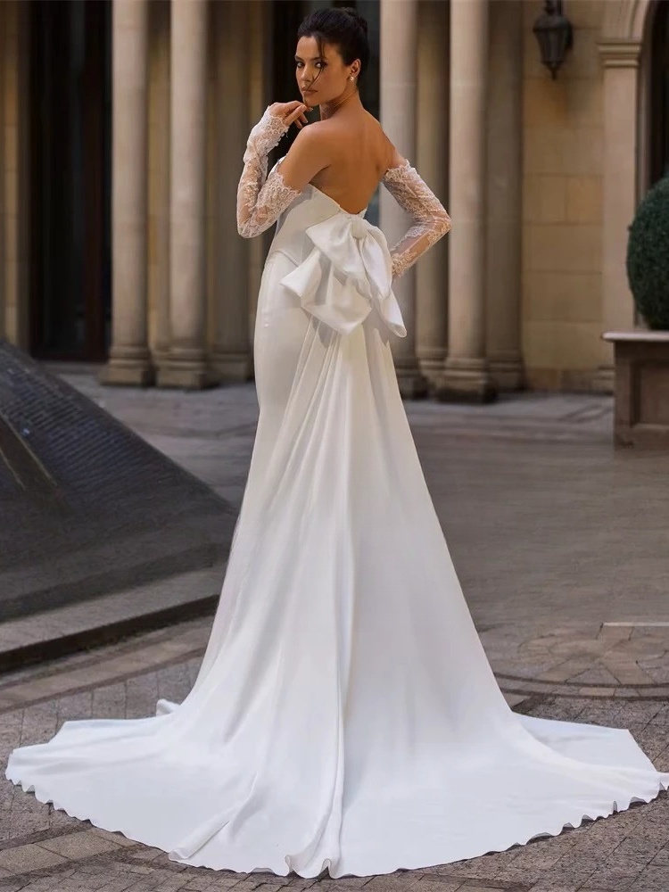 BIGDAY Modern Mermaid Wedding Dress Women Long Lace Sleeves Bow Strapless Open Back Bridal Gown Vestidos De Noiva Customized 2 BIGDAY Modern Mermaid Wedding Dress Women Long Lace Sleeves Bow Strapless Open Back Bridal Gown Vestidos De Noiva Customized – Image 2