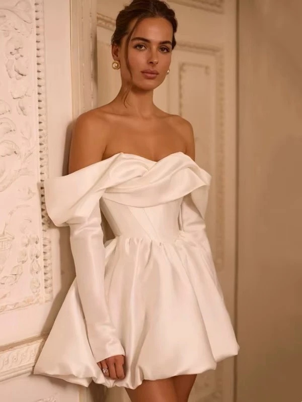 Simple Short A-Line Ivory Wedding Dresses Elegant Mini Long Sleeves Strapless Wedding Gowns For Bride Sexy Backless Customized 2 Simple Short A-Line Ivory Wedding Dresses Elegant Mini Long Sleeves Strapless Wedding Gowns For Bride Sexy Backless Customized – Image 2