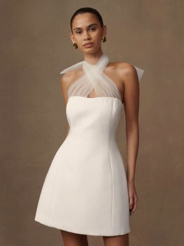 Simple Mini Mermaid Satin Wedding Dress Sexy Sleeveless Tulle Hatler Formal Pleat Open Back with Bow Boho Short Grown Customized 3 Simple Mini Mermaid Satin Wedding Dress Sexy Sleeveless Tulle Hatler Formal Pleat Open Back with Bow Boho Short Grown Customized – Image 3