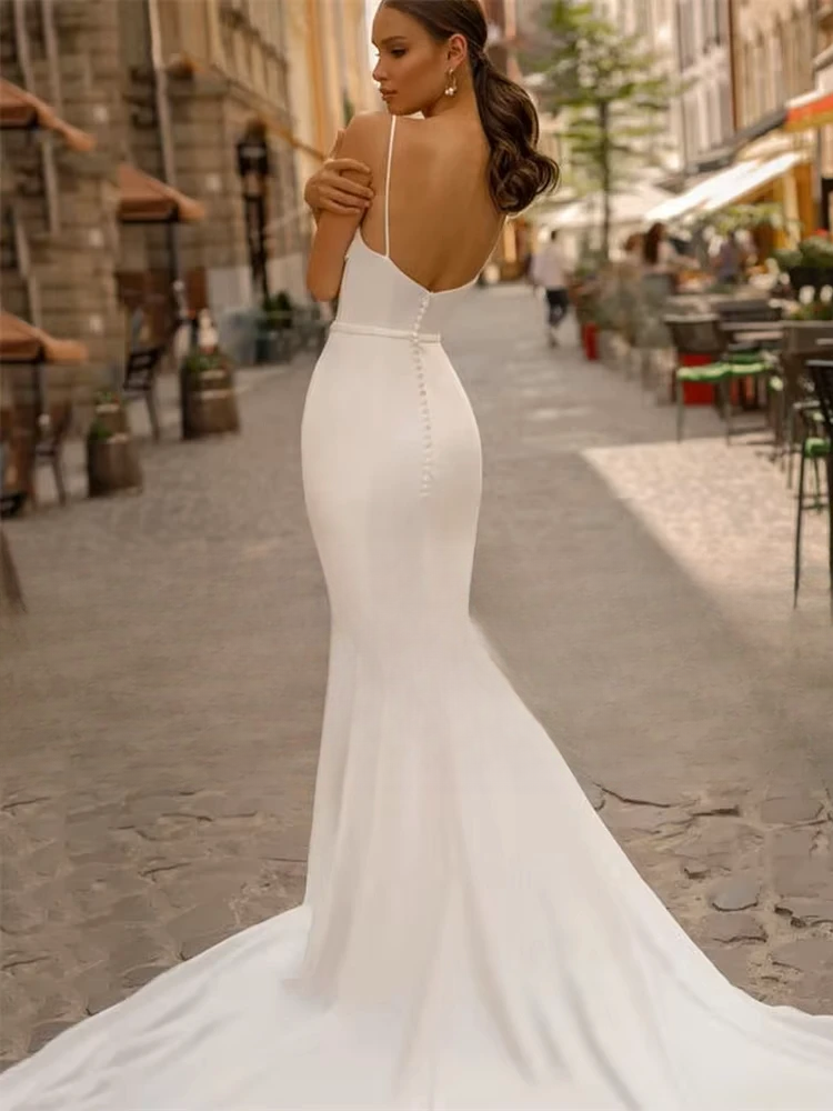 Elegant Mermaid Wedding Dresses Spaghetti Straps Boat-Neck Backless Pleat Bridal Gown Sweep Train Vestidos De Noiva Customized 2 Elegant Mermaid Wedding Dresses Spaghetti Straps Boat-Neck Backless Pleat Bridal Gown Sweep Train Vestidos De Noiva Customized – Image 2