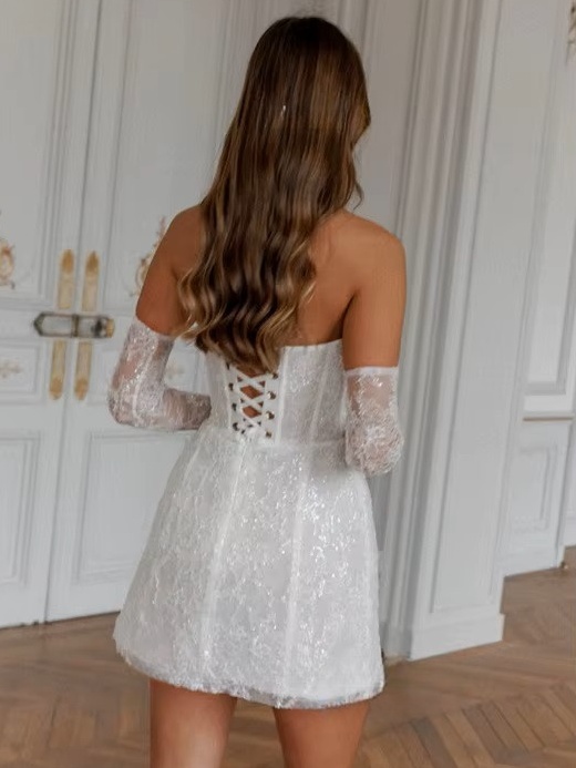 Simple A-Line Mini White Wedding Dress Sexy Strapless Formal Pleat Shiny Sequined Sleeveless Vintage Backless Short Customized 3 Simple A-Line Mini White Wedding Dress Sexy Strapless Formal Pleat Shiny Sequined Sleeveless Vintage Backless Short Customized – Image 3