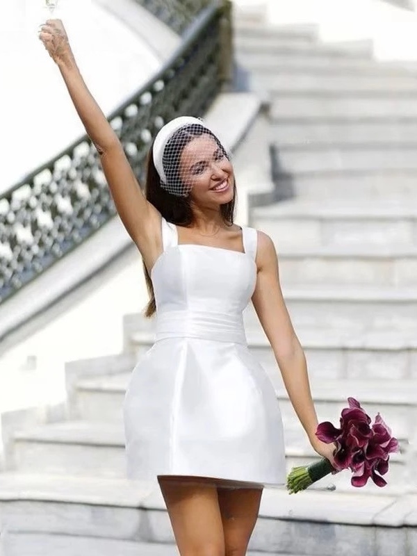 Customized Classic Mini Square Collar White Wedding Gown Dress Brides Sleeveless Elegant Backless Satin Spaghetti Straps Vestido 1 Customized Classic Mini Square Collar White Wedding Gown Dress Brides Sleeveless Elegant Backless Satin Spaghetti Straps Vestido