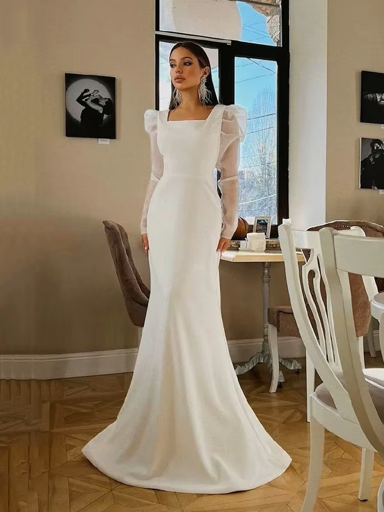 SoDigne Classic Satin Wedding Dresses Mermaid Puff Sleeves Square Neck Bridal Gown With Button Wedding Party Dress 1 SoDigne Classic Satin Wedding Dresses Mermaid Puff Sleeves Square Neck Bridal Gown With Button Wedding Party Dress