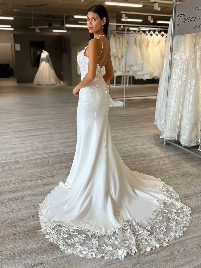 SoDigne Mermaid Satin Boho Wedding Dresses Sleeveless Strapless Appliques Bridal Dress Long Wedding Gown Custom Made  2 SoDigne Mermaid Satin Boho Wedding Dresses Sleeveless Strapless Appliques Bridal Dress Long Wedding Gown Custom Made  – Image 2