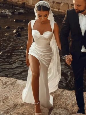 SoDigne Mermaid Satin Wedding Dress Sweetheart Sleeveless Bridal Gown Split Long Bride Dresses vestidos de novia Customized ﻿