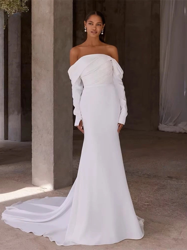BIGDAY Long Sleeve Off The Shoulder Strapless Pleat Wedding Dress Open Back Sweep Train Bridal Gown Vestido De Noiva Customized 1 BIGDAY Long Sleeve Off The Shoulder Strapless Pleat Wedding Dress Open Back Sweep Train  Bridal Gown Vestido De Noiva Customized