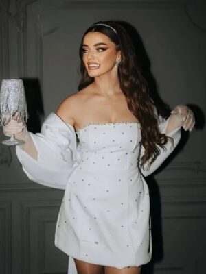 Vintage Sheath Short Wedding Dress Simple Strapless Pleat Crystal Off Shoulder Short Bridal Dress Sexy Backless 2025 Customized 6 Sdcb4a9b32d054efeb6f1243f5a241447P Cropped