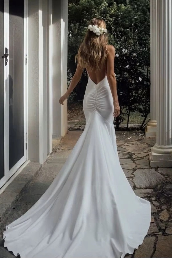 SoDigne Simple Mermaid Wedding Dresses V-neck Sleeveless Satin Elegant Bridal Dress Long Backless Bride Gown vestidos de novia 2 SoDigne Simple Mermaid Wedding Dresses V-neck Sleeveless Satin Elegant Bridal Dress Long Backless Bride Gown vestidos de novia – Image 2