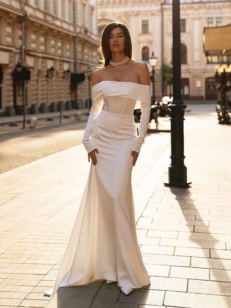 SoDigne Elegant Wedding Dresses Off Shoulder Long Sleeves Mermaid Satin Bride Dress vestidos de novia Satin Simple Party Gown 1 SoDigne Elegant Wedding Dresses Off Shoulder Long Sleeves Mermaid Satin Bride Dress vestidos de novia Satin Simple Party Gown