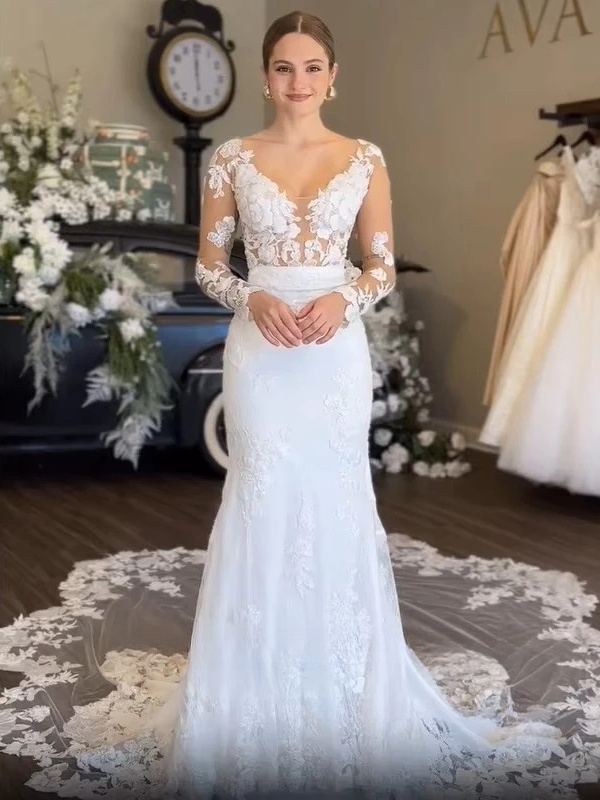 SoDigne Mermaid Boho Wedding Dresses V-neck Full Sleeves Tulle Appliques Bridal Dress Wedding Gown Robe De Mairee Customized 2 SoDigne Mermaid Boho Wedding Dresses V-neck Full Sleeves Tulle Appliques Bridal Dress Wedding Gown Robe De Mairee Customized – Image 2