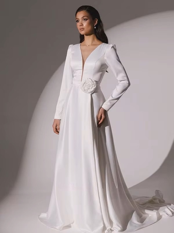 SoDigne A-line Elegant Wedding Dresses V-neck Full Sleeves Stain Bridal Dress Long Bridal Gown vestidos de novia 2025 Customized 1 SoDigne A-line Elegant Wedding Dresses V-neck Full Sleeves Stain Bridal Dress Long Bridal Gown vestidos de novia 2025 Customized