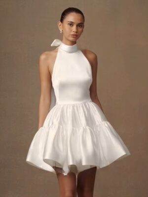 Simple Ivory Satin Mini Wedding Dress Sleeveless Pleat Halter Ball Gown Sexy Backless with Lace Up Short Bride Dress Customized 5 Se98ba1a272394d8889bad36f3519a7414 Cropped