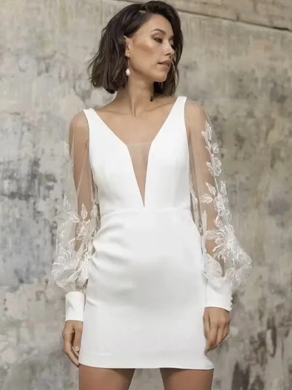 Simple Short Satin Wedding Dress Sexy V-neck Lace Illusion Long Sleeves Backless Formal Pleat Bridal Growns Vestidos Customized 1 Simple Short Satin Wedding Dress Sexy V-neck Lace Illusion Long Sleeves Backless Formal Pleat Bridal Growns Vestidos Customized