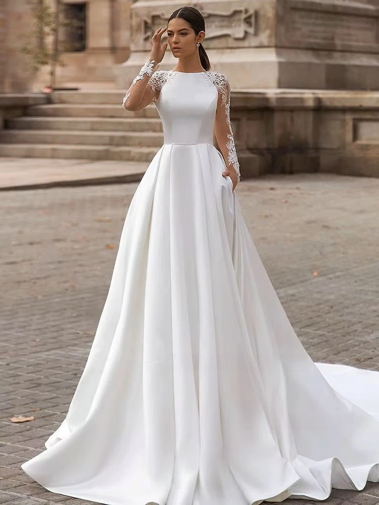SoDigne A-line Satin Wedding Dresses O-neck Appliques Full Sleeves Bridal Dress Long Bride Gown vestidos de novia Customized 1 SoDigne A-line Satin Wedding Dresses O-neck Appliques Full Sleeves Bridal Dress Long Bride Gown vestidos de novia Customized