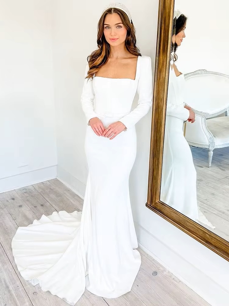 SoDigne Elegant Wedding Dress Mermaid Square Neckline Long Sleeves Backless Satin Bridal Dress Brides Gowns For Women 2 SoDigne Elegant Wedding Dress Mermaid Square Neckline Long Sleeves Backless Satin Bridal Dress Brides Gowns For Women – Image 2