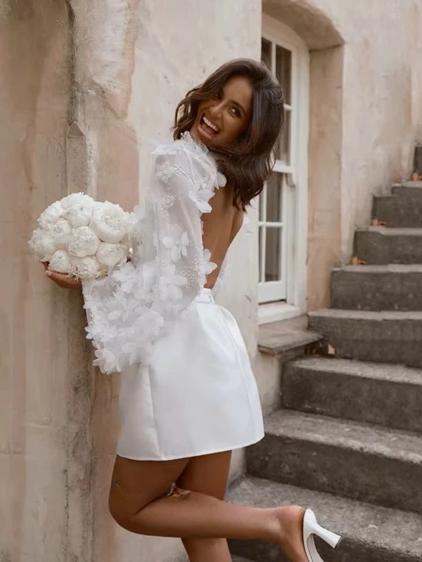 Boho Mini 2 Piece Wedding Dress Sexy Open Back O-Neck Bride Dress Beach Long Sleeves Pleat 3D Flower Lace Satin Gowns Customized 2 Boho Mini 2 Piece Wedding Dress Sexy Open Back O-Neck Bride Dress Beach Long Sleeves Pleat 3D Flower Lace Satin Gowns Customized – Image 2