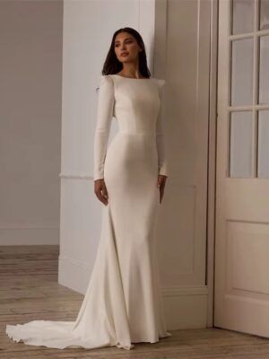 BIGDAY O-Neck Mermaid Wedding Dress Women 2025 Long Sleeve Open Back Sweep Train Buttons Bridal Gown Vestido De Noiva Customized
