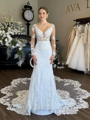 SoDigne Mermaid Boho Wedding Dresses V-neck Full Sleeves Tulle Appliques Bridal Dress Wedding Gown Robe De Mairee ﻿Customized